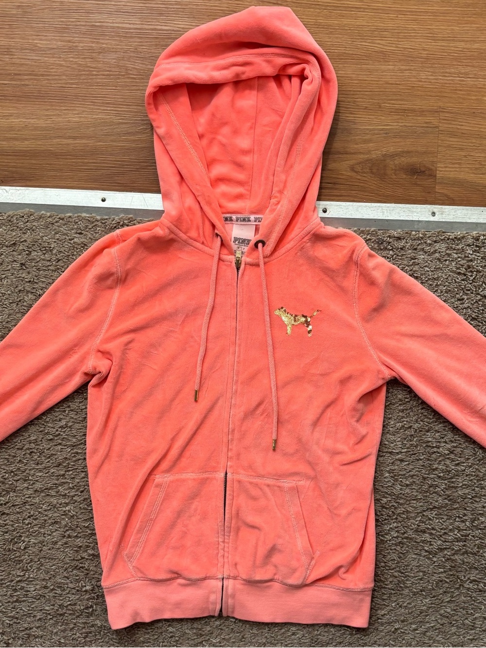 Victoria's Secret PINK Woman’s Sm Coral Zip-Up VelourHoodie Gold Sequin Dog/Back